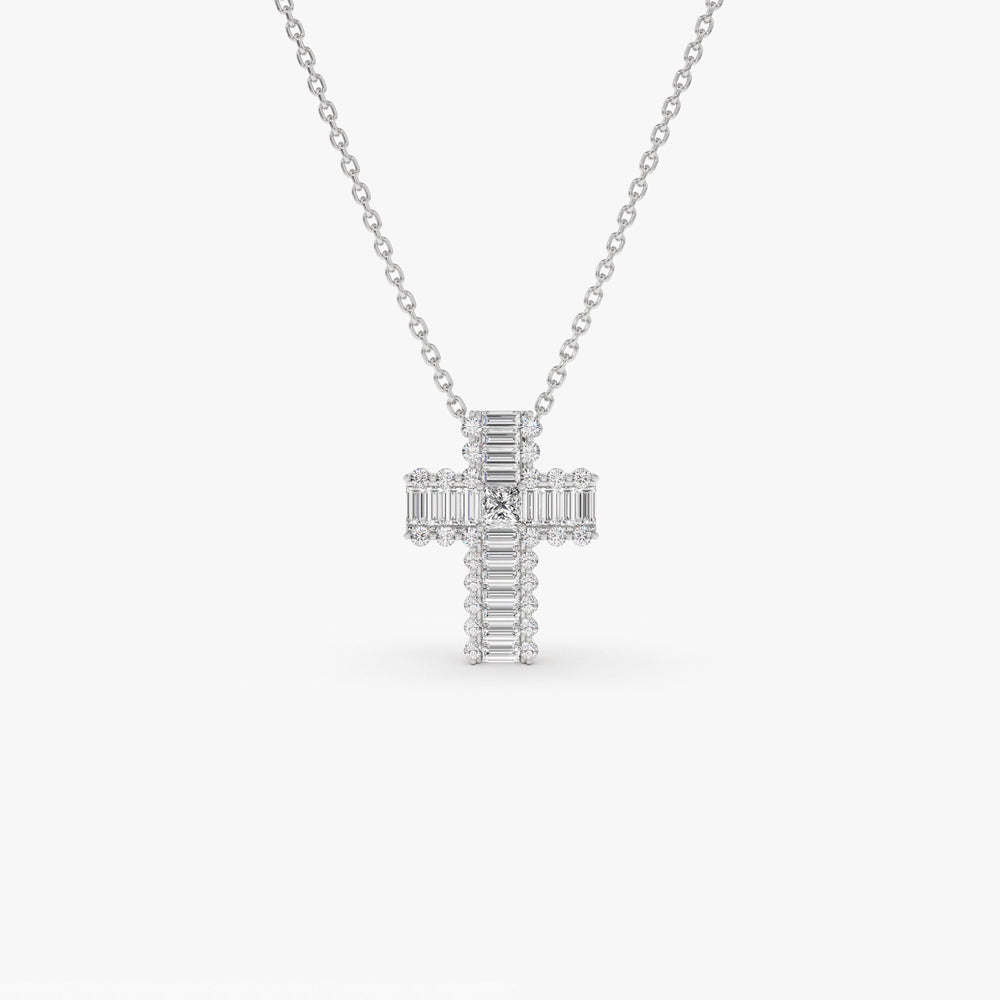 14K Gold Cross Pendant with Baguette & Round Diamonds | Unique Faith-Based Jewelry | Luxury Religious Gift | VLOVE