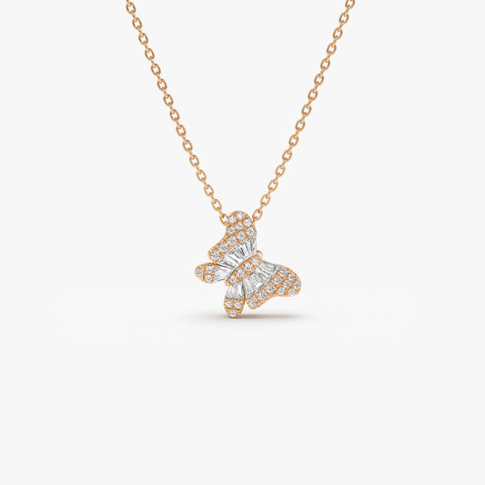 14K Baguette Diamond Butterfly Necklace | Solid Gold Nature-Inspired Jewelry | Elegant Gift for Women | VLOVE