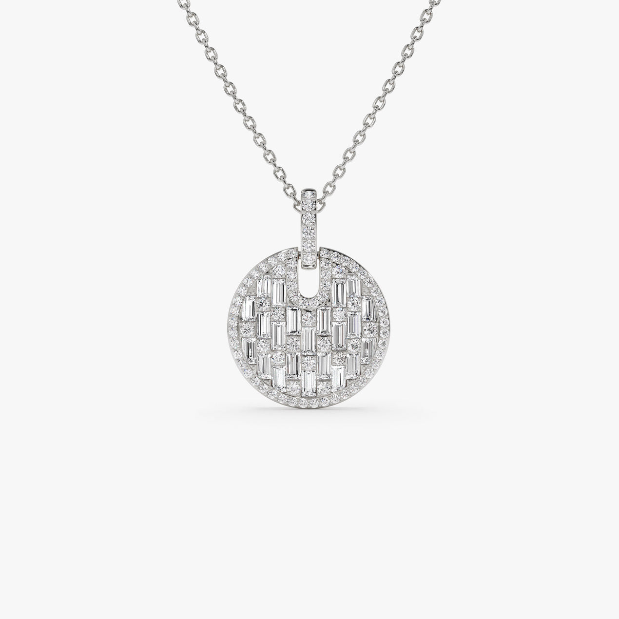 14K Baguette and Round Diamond Disc Necklace | Unique Gold Pendant | Women's Luxury Jewelry | VLOVE