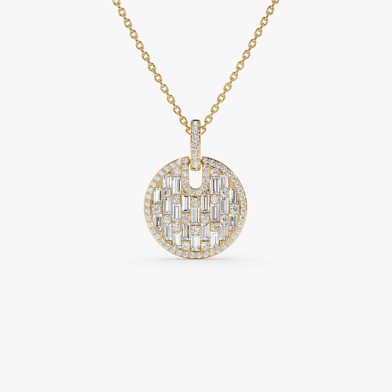14K Baguette and Round Diamond Disc Necklace | Unique Gold Pendant | Women's Luxury Jewelry | VLOVE