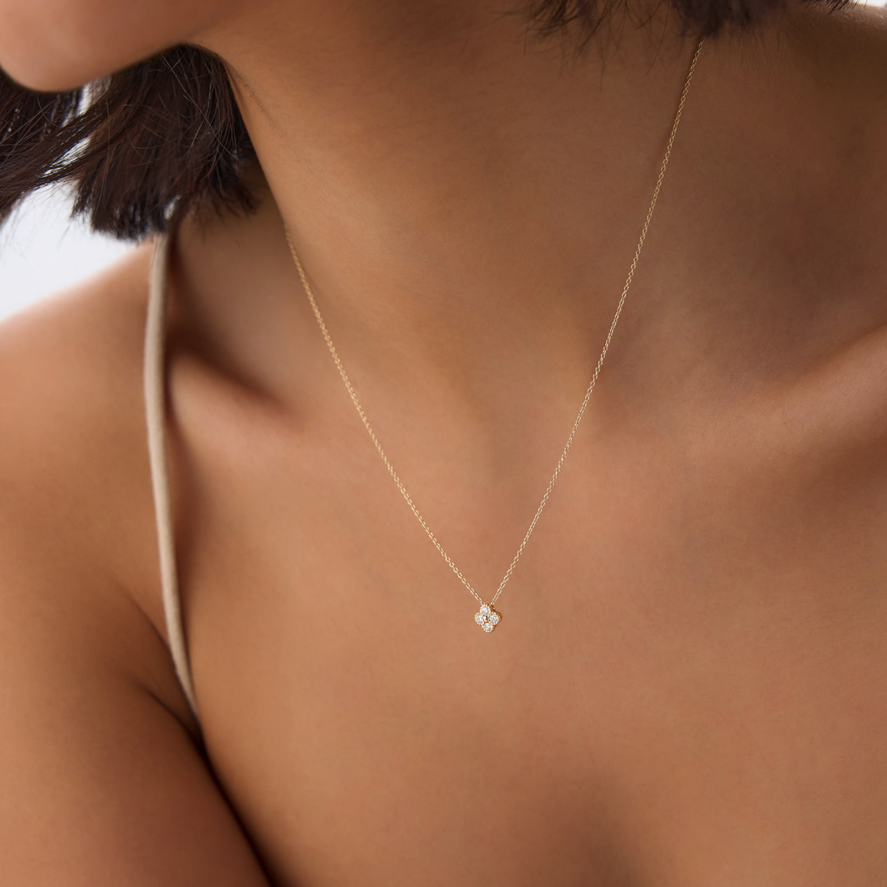 14K Diamond Clover Beaded Necklace | Gold Lucky Charm Pendant | Women's Symbolic Jewelry | VLOVE