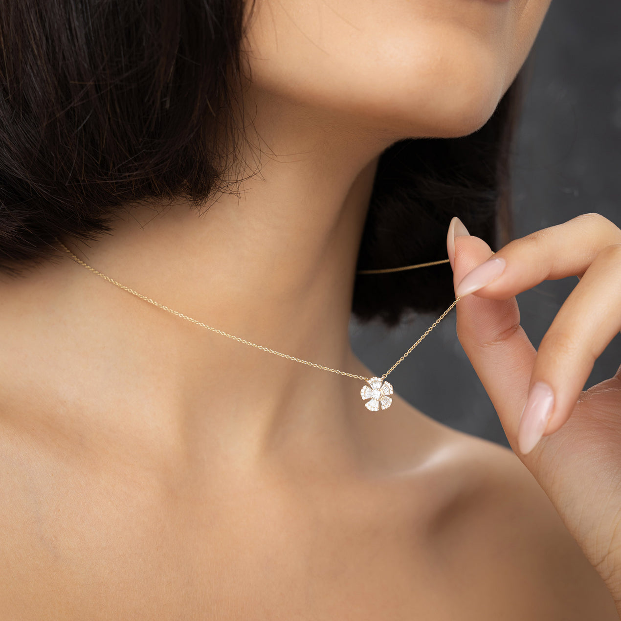 14K Floral Diamond Necklace | Baguette & Round Cut Diamond Flower | Gold Botanical Jewelry | VLOVE