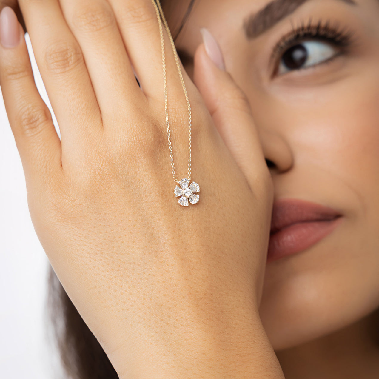 14K Floral Diamond Necklace | Baguette & Round Cut Diamond Flower | Gold Botanical Jewelry | VLOVE