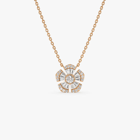 14K Floral Diamond Necklace | Baguette & Round Cut Diamond Flower | Gold Botanical Jewelry | VLOVE