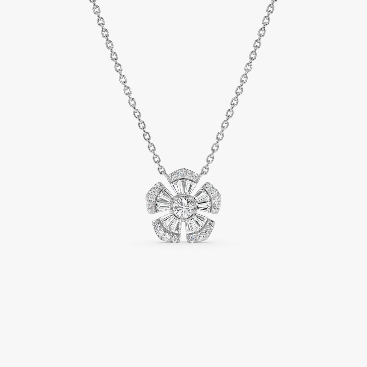 14K Floral Diamond Necklace | Baguette & Round Cut Diamond Flower | Gold Botanical Jewelry | VLOVE