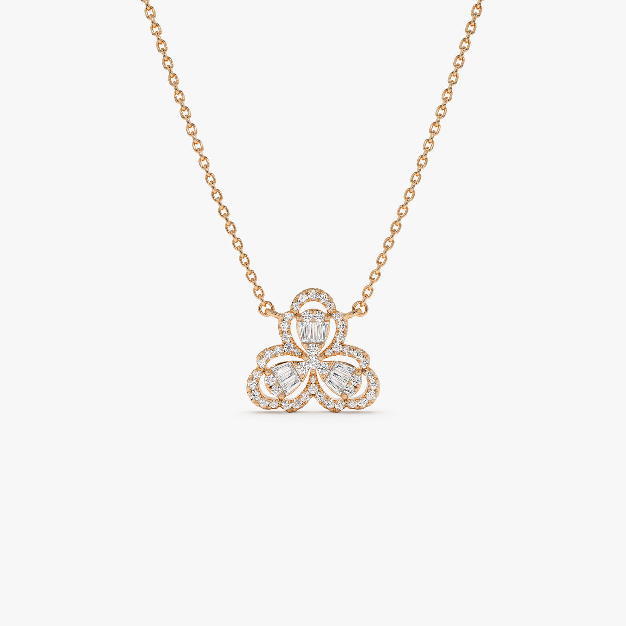 14K Baguette Diamond Clover Necklace | Solid Gold Lucky Charm Pendant | Women's Symbolic Jewelry | VLOVE