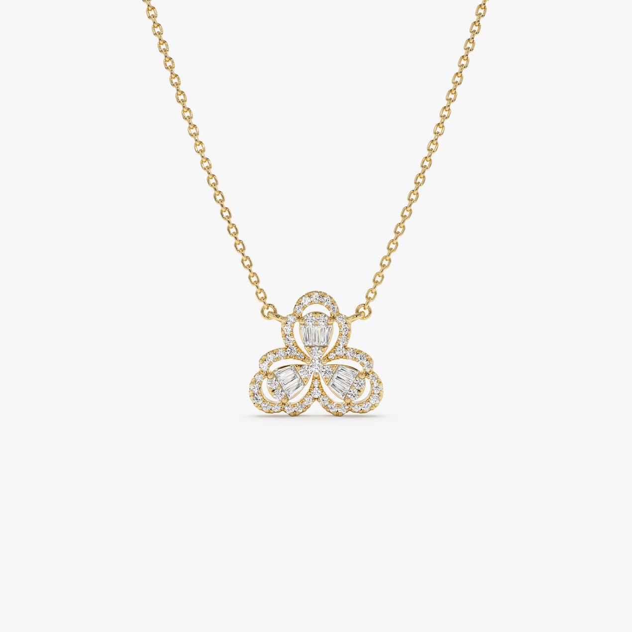 14K Baguette Diamond Clover Necklace | Solid Gold Lucky Charm Pendant | Women's Symbolic Jewelry | VLOVE