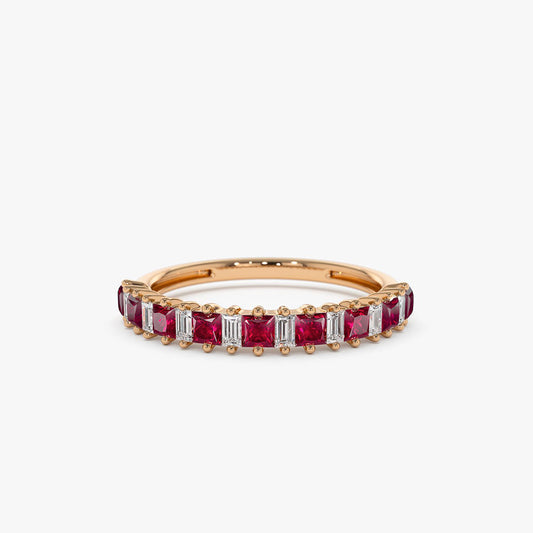 14K Princess Cut Ruby Ring | Baguette Diamond Halo Setting | Vintage Inspired Jewelry | VLOVE