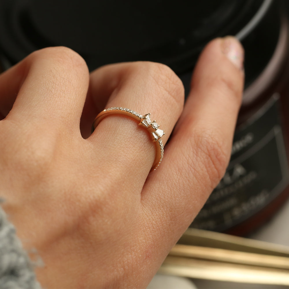 Diamond Bow Ring | 14k Gold Stackable Ring | Baguette and Round Diamond Gift for Her