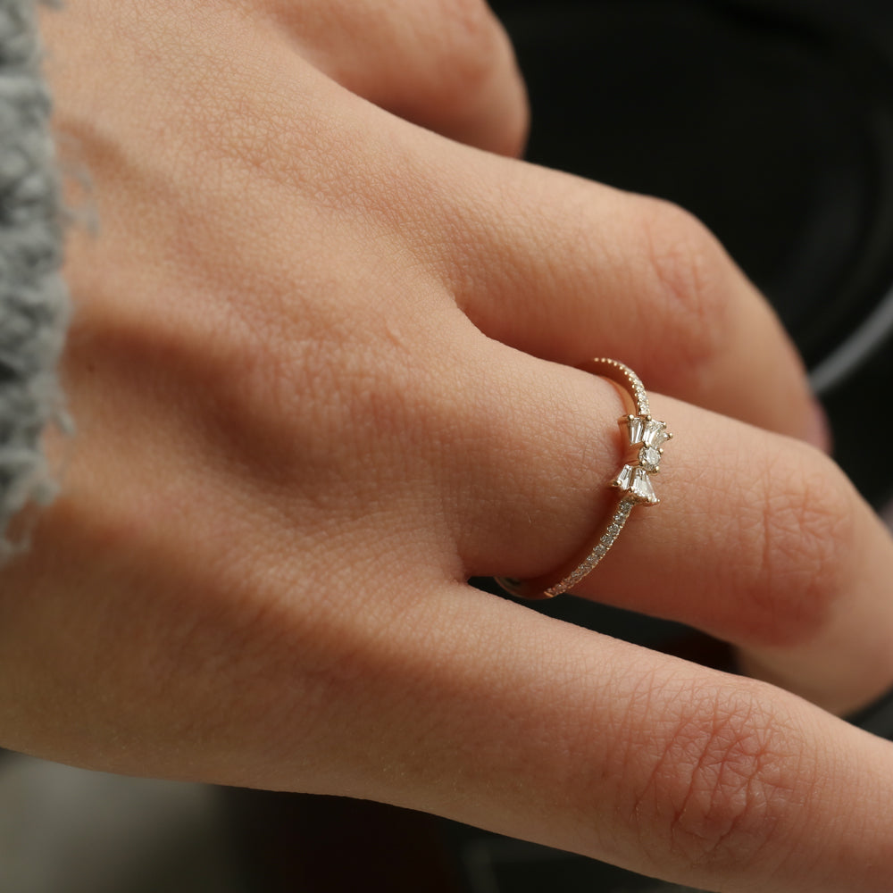 Diamond Bow Ring | 14k Gold Stackable Ring | Baguette and Round Diamond Gift for Her