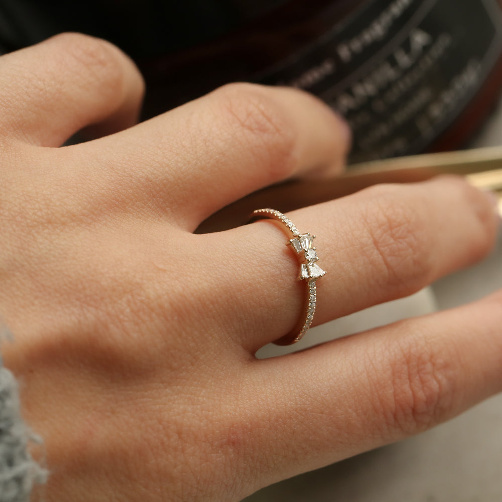Diamond Bow Ring | 14k Gold Stackable Ring | Baguette and Round Diamond Gift for Her