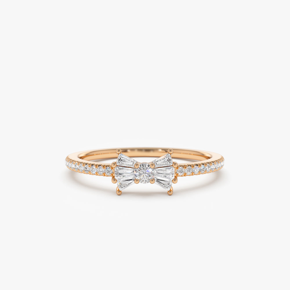 Diamond Bow Ring | 14k Gold Stackable Ring | Baguette and Round Diamond Gift for Her