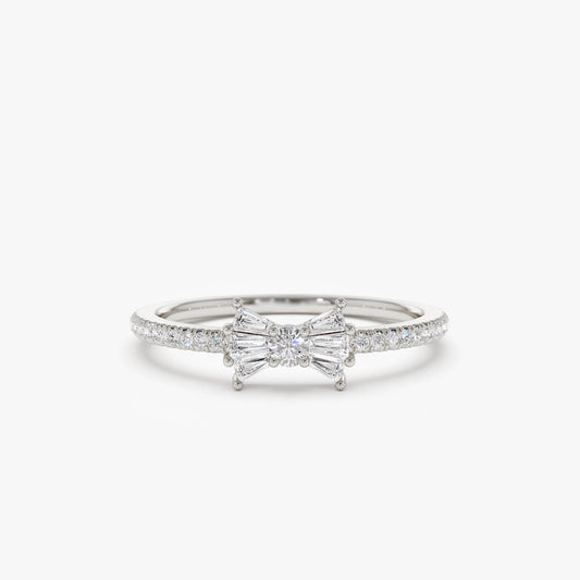 Diamond Bow Ring | 14k Gold Stackable Ring | Baguette and Round Diamond Gift for Her