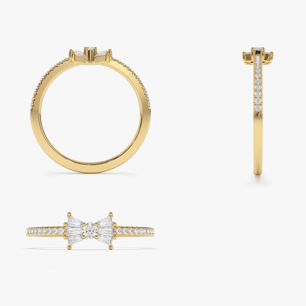 Diamond Bow Ring | 14k Gold Stackable Ring | Baguette and Round Diamond Gift for Her