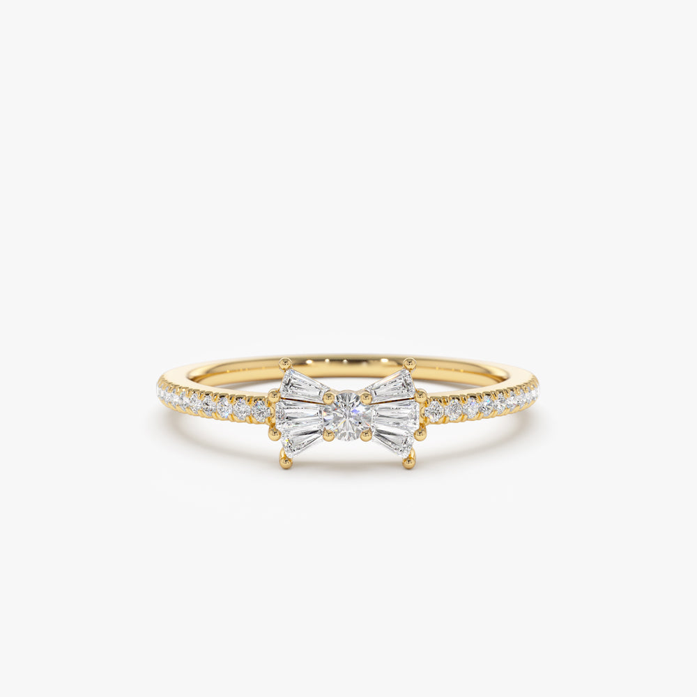 Diamond Bow Ring | 14k Gold Stackable Ring | Baguette and Round Diamond Gift for Her