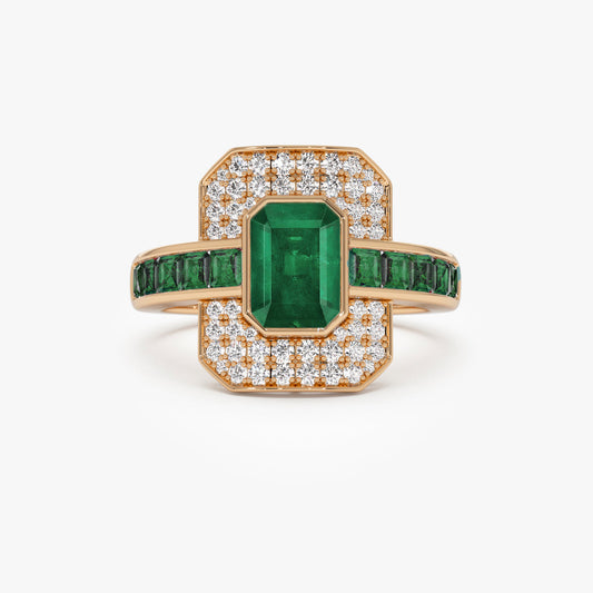 14K Art Deco Emerald and Diamond Ring | Vintage Inspired Statement Ring | Geometric Jewelry | VLOVE