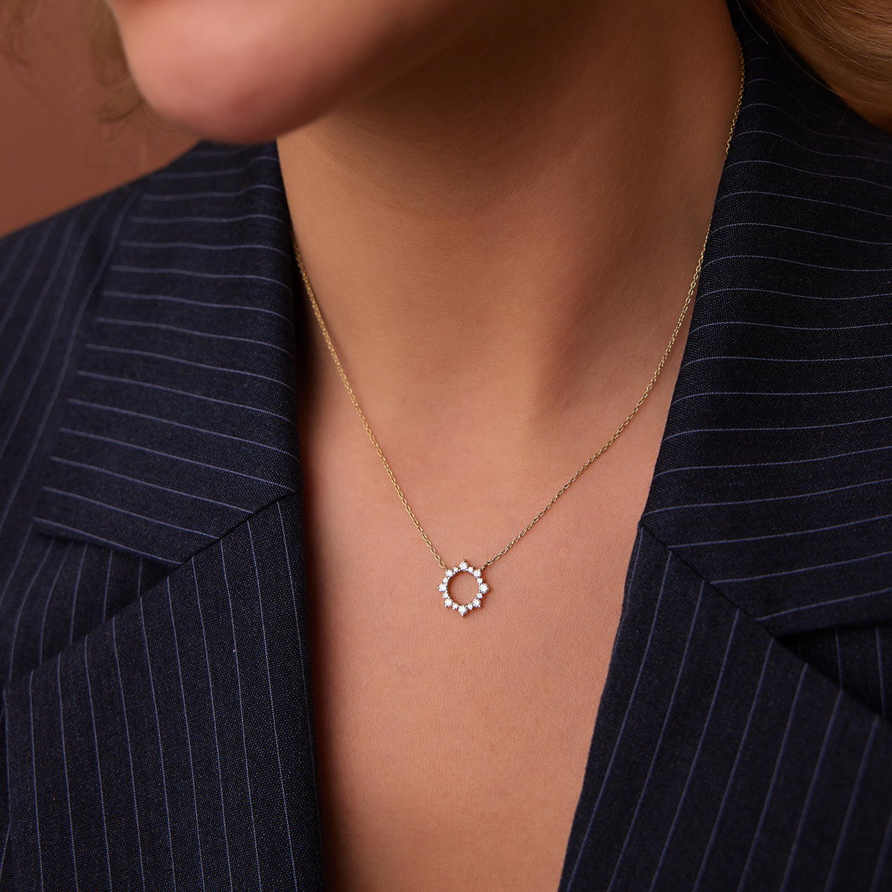 14K Gold Sun Circle Necklace | Diamond Celestial Pendant | Solar Symbol Jewelry | VLOVE