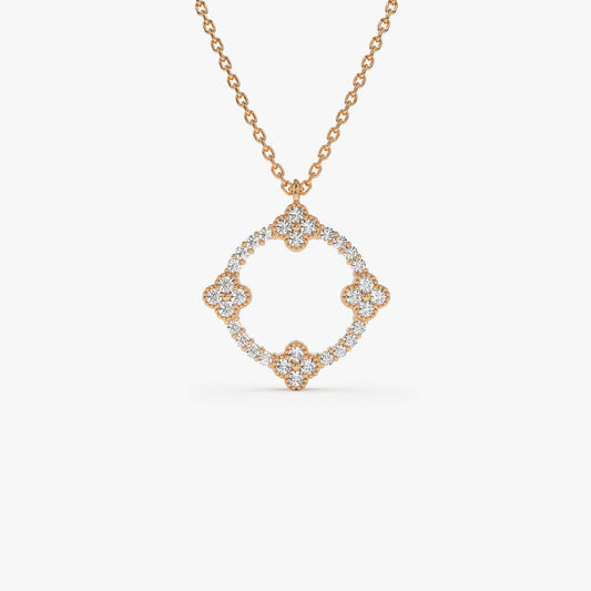 14K Solid Gold Clover Necklace | Full Diamond Circle Pendant | Lucky Symbol Jewelry | VLOVE
