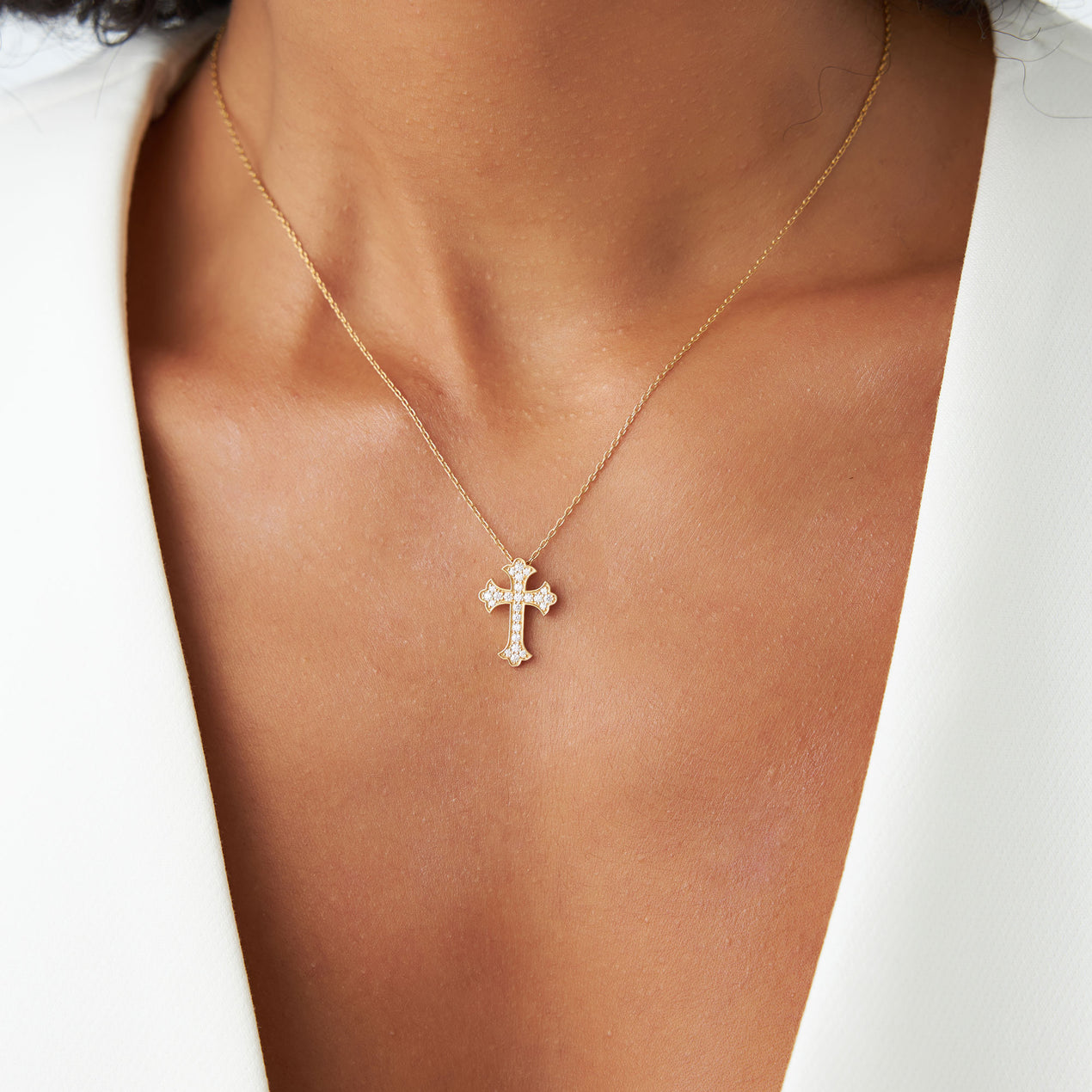 14K Gothic Diamond Cross Necklace | Pave Setting Religious Jewelry | Unisex Statement Piece | VLOVE