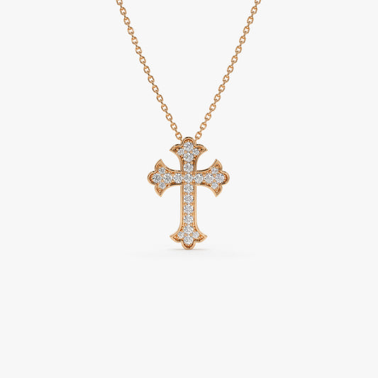 14K Gothic Diamond Cross Necklace | Pave Setting Religious Jewelry | Unisex Statement Piece | VLOVE