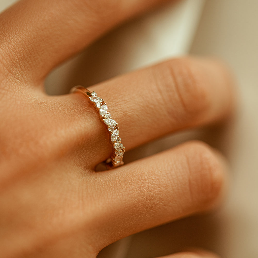 Slanted East-West Marquise Diamond Ring | 14K Gold Unique Stackable Band | Modern Wedding Ring Gift for Her