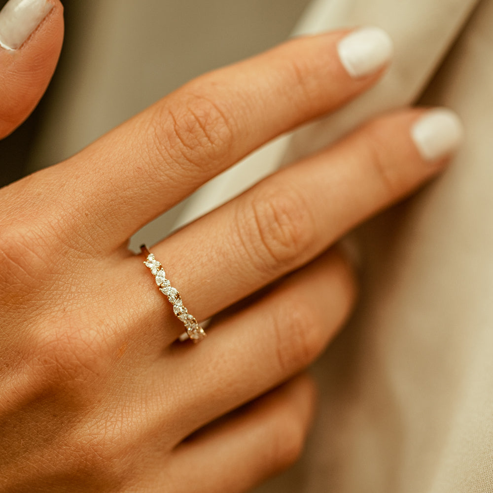Slanted East-West Marquise Diamond Ring | 14K Gold Unique Stackable Band | Modern Wedding Ring Gift for Her