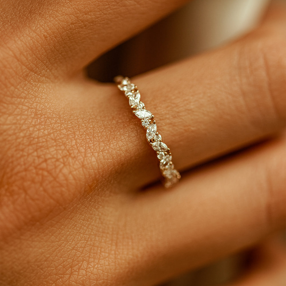 Slanted East-West Marquise Diamond Ring | 14K Gold Unique Stackable Band | Modern Wedding Ring Gift for Her