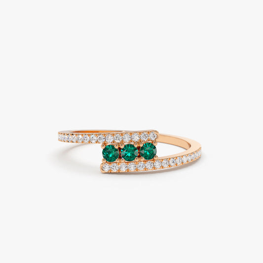 14K Cross Over Diamond Ring | Round Emerald Accents | Vintage Inspired Stackable Band | VLOVE