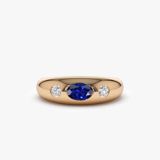 14K Oval Sapphire and Diamond Dome Ring | Custom Luxury Statement Ring | Certified Gemstone Jewelry | VLOVE