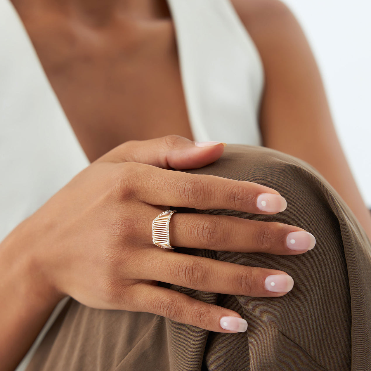 14K Gold Ribbed Signet Ring | Custom Engraved Statement Band | Artisan Textured Jewelry | VLOVE