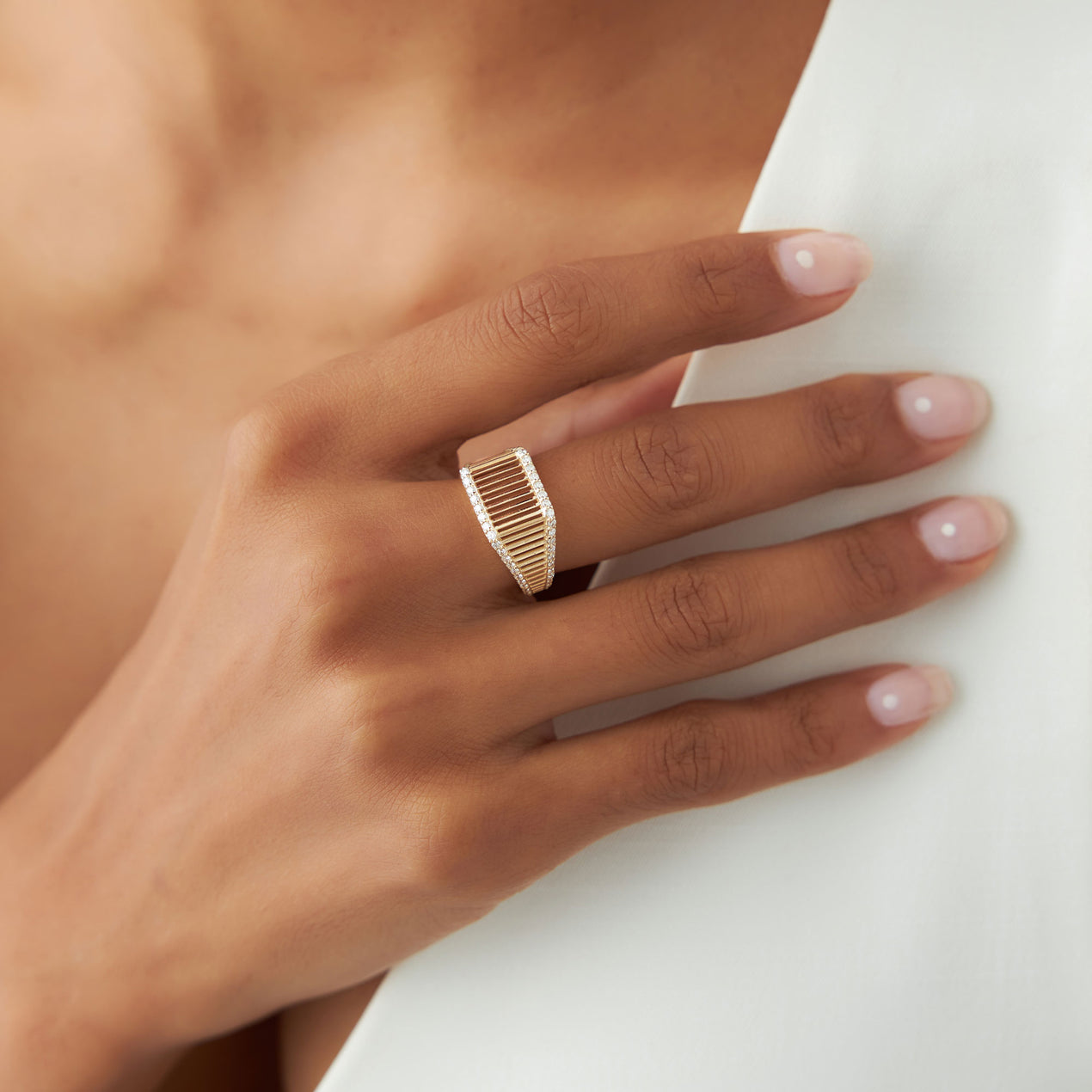 14K Gold Ribbed Signet Ring | Custom Engraved Statement Band | Artisan Textured Jewelry | VLOVE