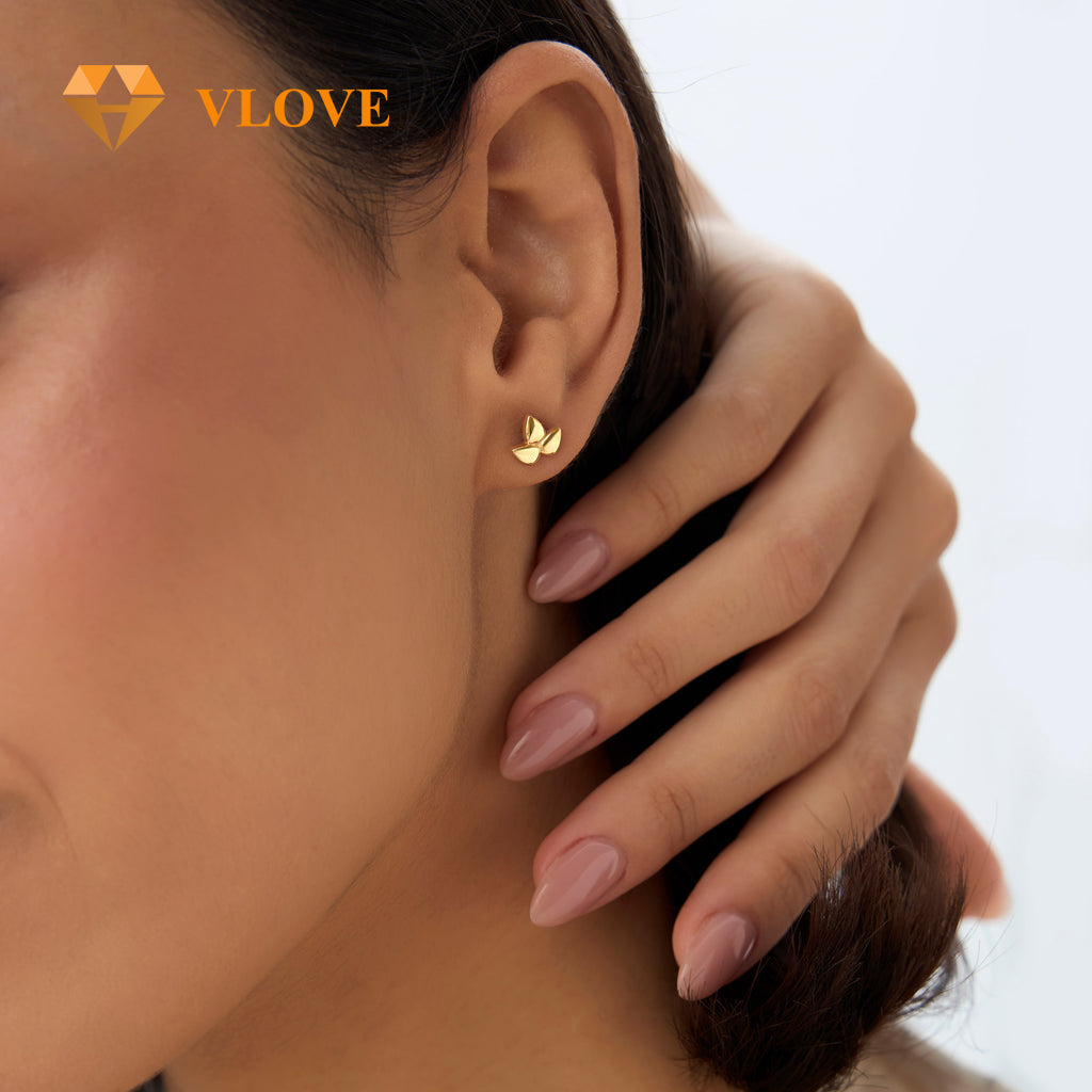 14K Gold Trio Petal Stud Earrings | Floral Design Stud Earrings for Women | Customizable Fine Jewelry | VLOVE
