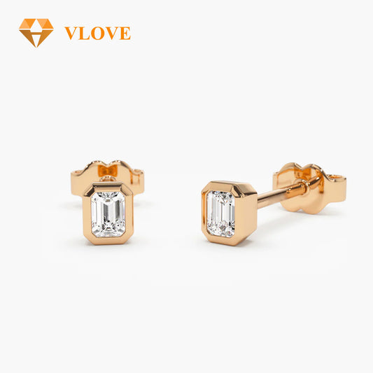 14K Gold Emerald Cut Diamond Stud Earrings | Bezel Setting Secure Earrings | Natural Diamond Jewelry | VLOVE Custom