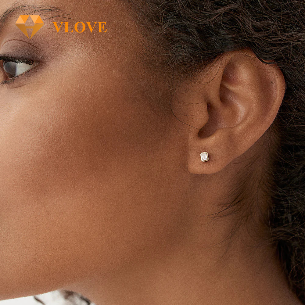 14K Gold Emerald Cut Diamond Stud Earrings | Bezel Setting Secure Earrings | Natural Diamond Jewelry | VLOVE Custom