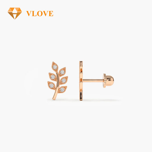 14K Gold Leaf Diamond Stud Earrings | Nature-Inspired Helix Piercing Jewelry | Round Cut Diamond Earrings | VLOVE