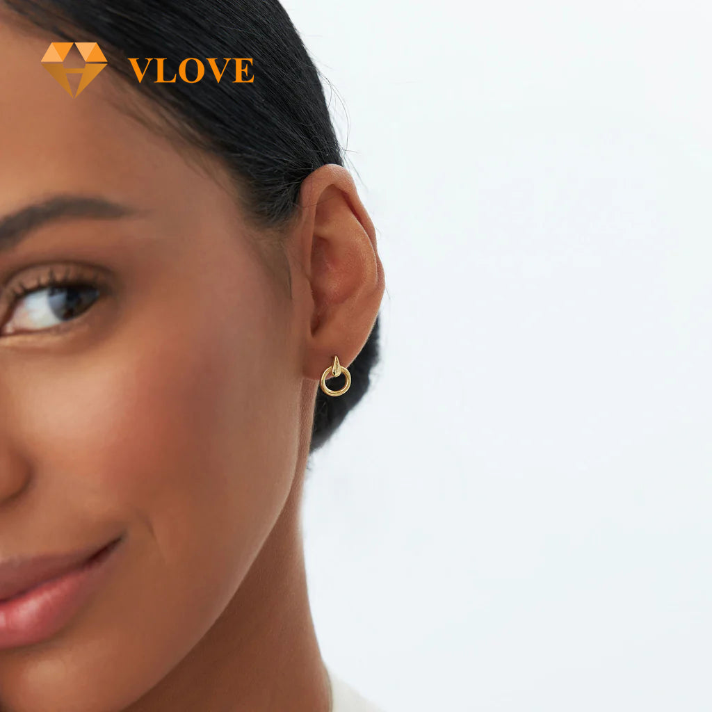 14K Gold Dainty Circle Drop Earrings | Minimalist Hoop Earrings for Women | High-End Everyday Jewelry | VLOVE Wholesale