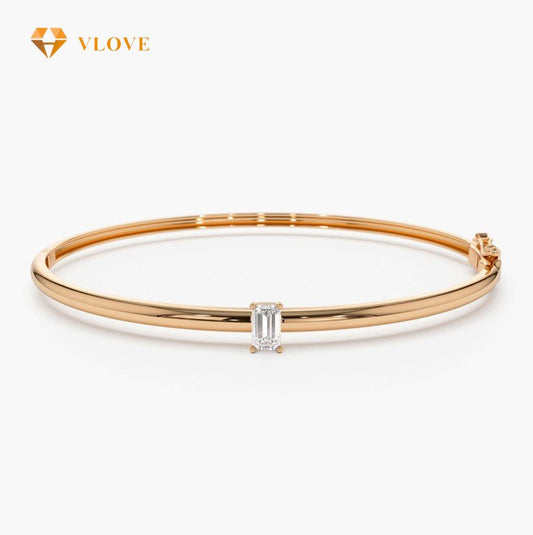 14K Gold Emerald Cut Diamond Bangle Bracelet | Single Stone Tennis Bracelet | Luxury Fine Jewelry | VLOVE