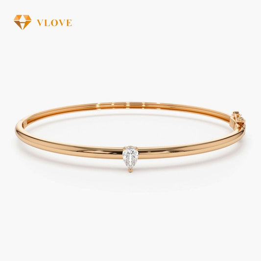 14K Gold Pear Shape Diamond Solitaire Bangle | 3mm Thin Bracelet for Women | Elegant Minimalist Jewelry | VLOVE