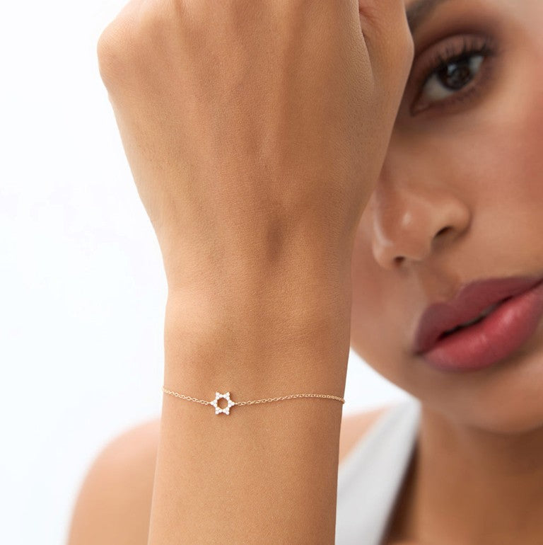 14K Gold Star of David Diamond Bracelet | Thin Chain Link Bracelet | Minimalist Religious Jewelry | VLOVE