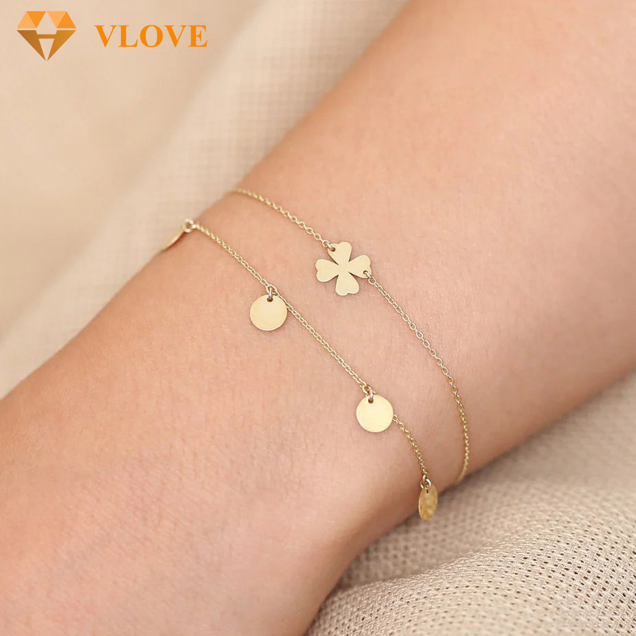 14K Gold Engraved Disc Chain Bracelet | Dangling Pendant Link Bracelet | Elegant Women's Jewelry | VLOVE