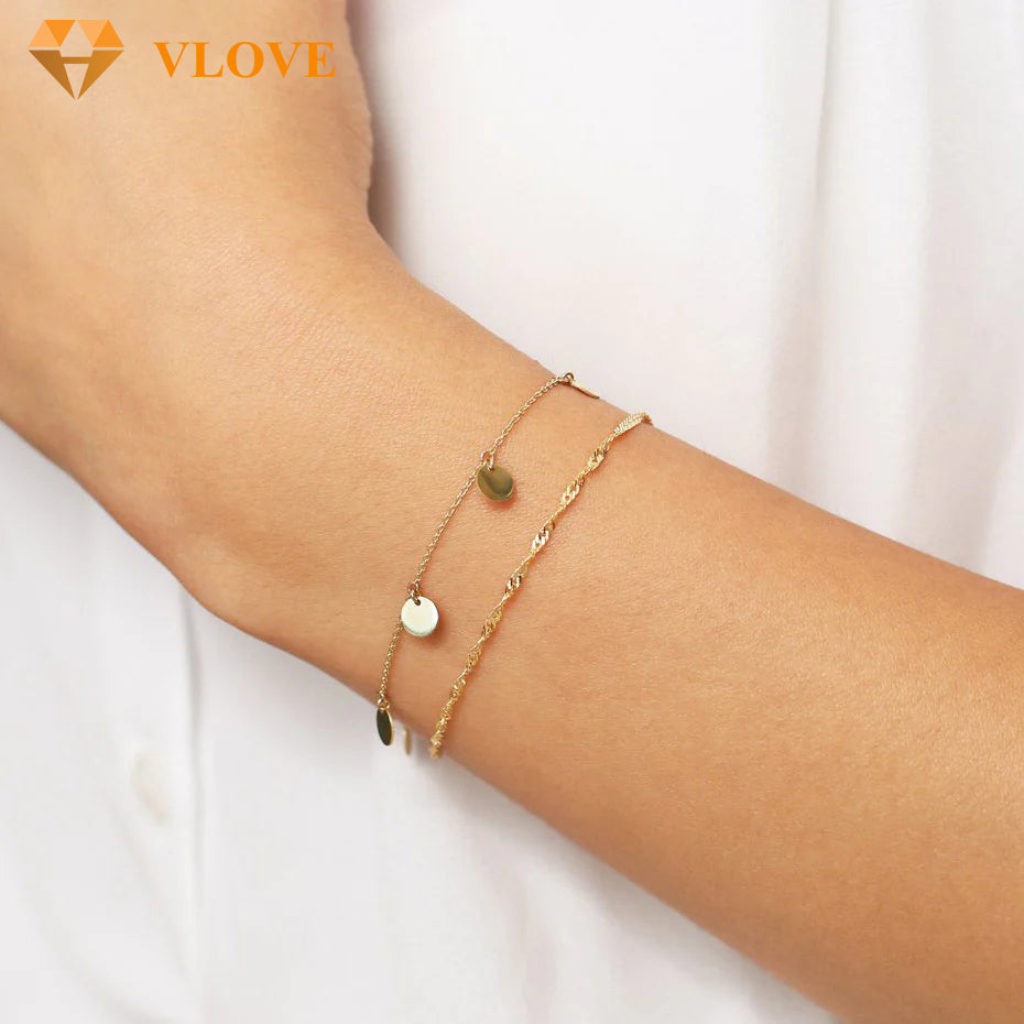 14K Gold Engraved Disc Chain Bracelet | Dangling Pendant Link Bracelet | Elegant Women's Jewelry | VLOVE