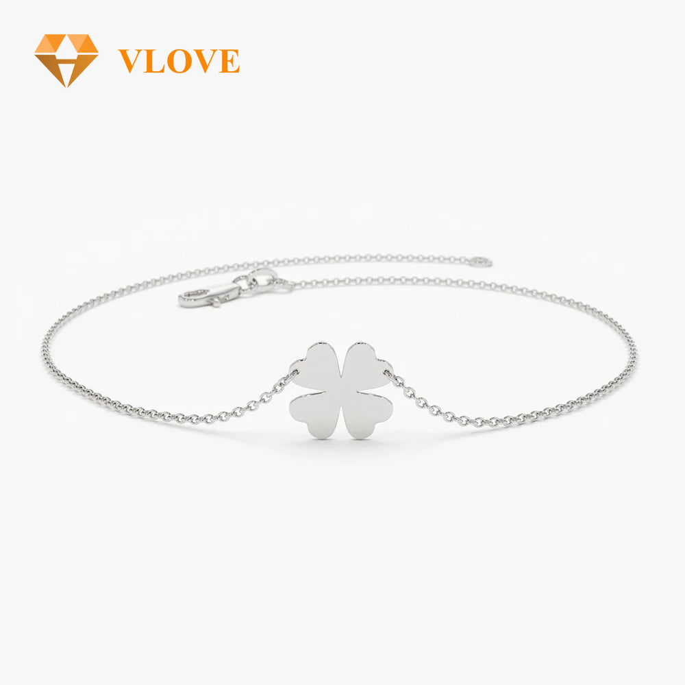 14K Gold Four Leaf Clover Charm Bracelet | Lucky Clover Chain Bracelet for Women | Dainty Gold Jewelry | VLOVE