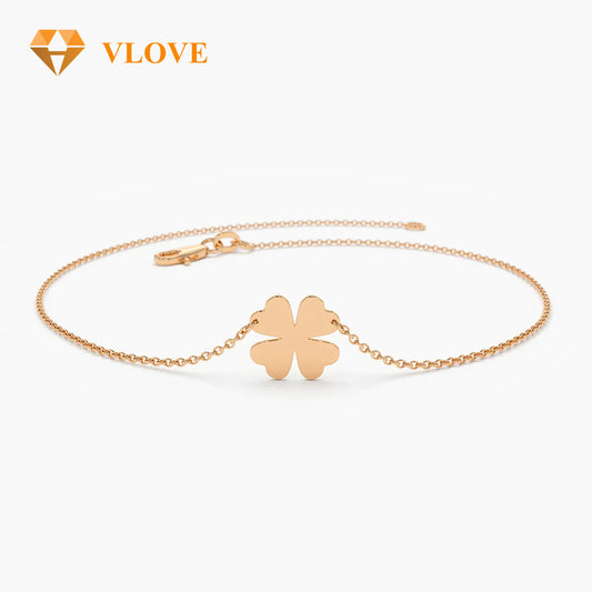 14K Gold Four Leaf Clover Charm Bracelet | Lucky Clover Chain Bracelet for Women | Dainty Gold Jewelry | VLOVE