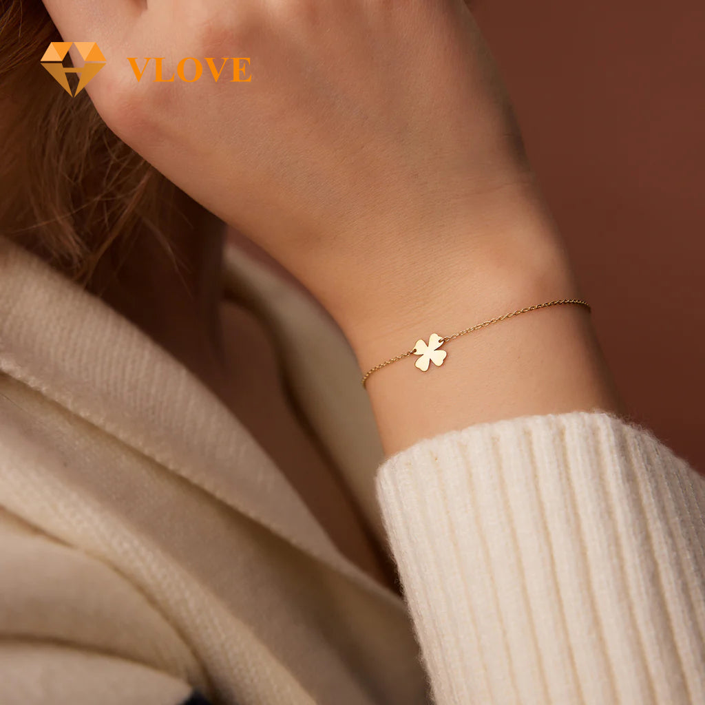 14K Gold Four Leaf Clover Charm Bracelet | Lucky Clover Chain Bracelet for Women | Dainty Gold Jewelry | VLOVE