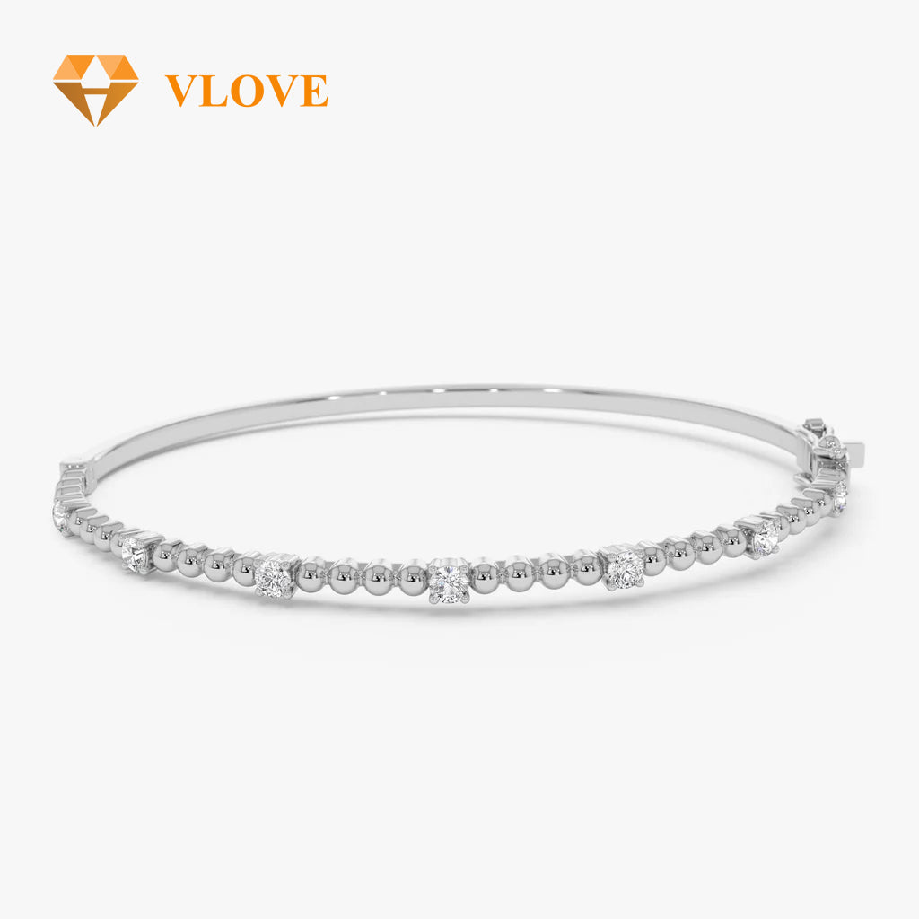 14K Gold Beaded Diamond Bangle Bracelet | Round Cut Diamond Tennis Bracelet | Luxury Women's Jewelry | VLOVE