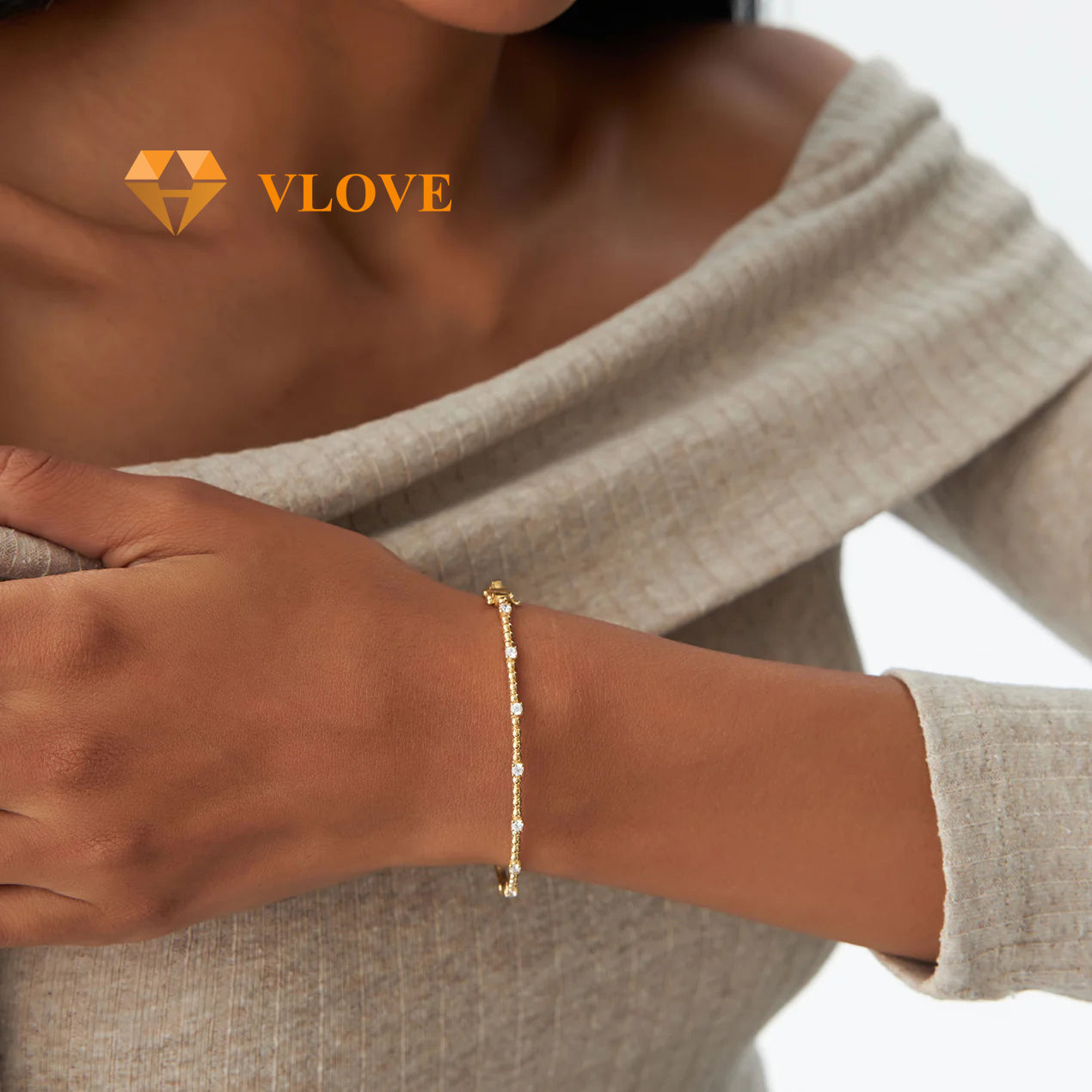 14K Gold Beaded Diamond Bangle Bracelet | Round Cut Diamond Tennis Bracelet | Luxury Women's Jewelry | VLOVE