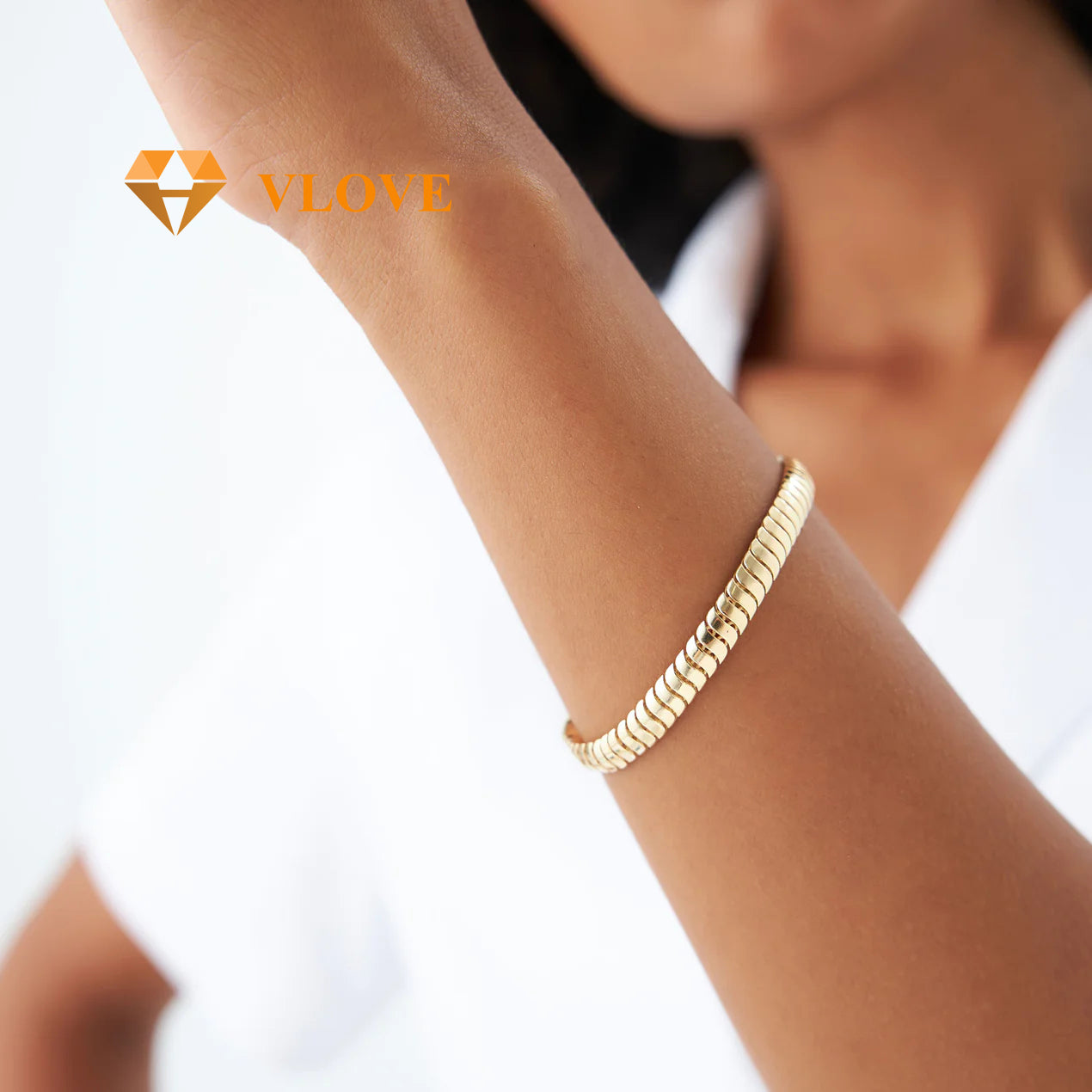 14K Gold Cobra Chain Bracelet | 5.7MM Wide Statement Jewelry | Bold Women's Bangle | VLOVE