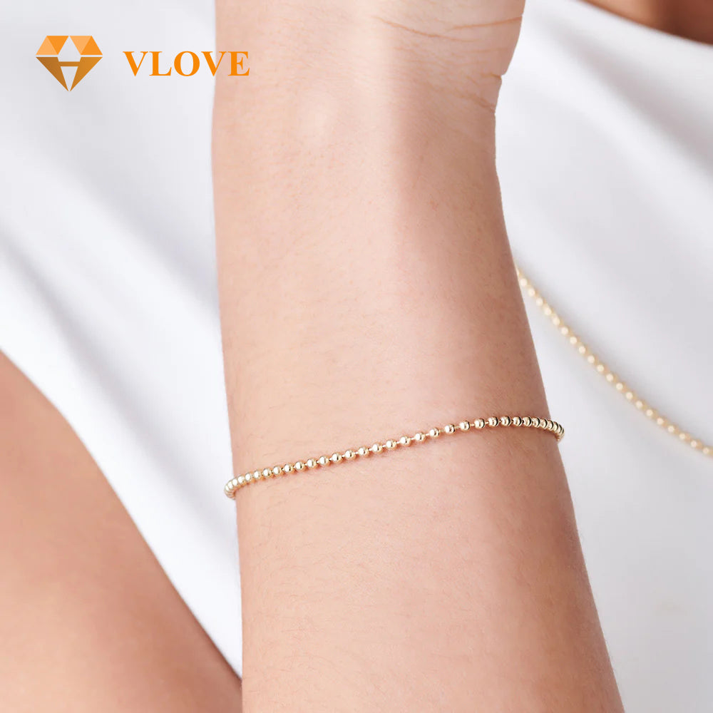 14K Gold 2MM Bead Chain Bracelet | Delicate Stacking Bracelet for Men & Women | Fine Gold Jewelry | VLOVE