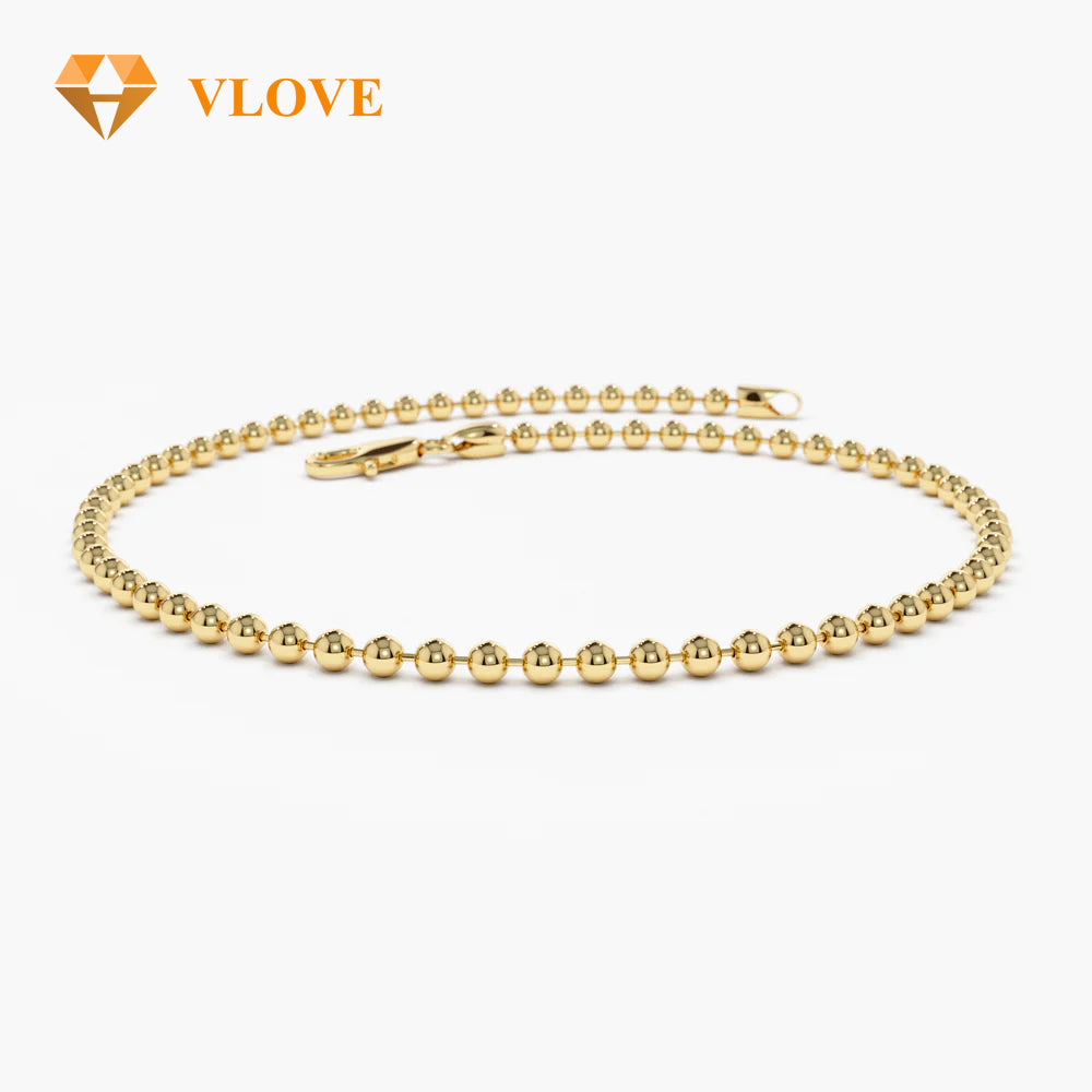 14K Gold 2MM Bead Chain Bracelet | Delicate Stacking Bracelet for Men & Women | Fine Gold Jewelry | VLOVE