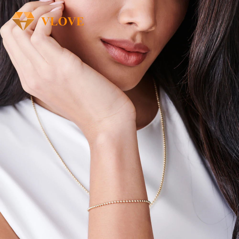 14K Gold 2MM Bead Chain Bracelet | Delicate Stacking Bracelet for Men & Women | Fine Gold Jewelry | VLOVE